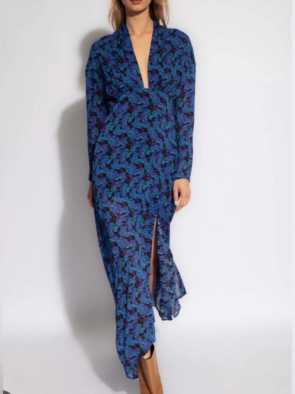 IRO Blue and Black Patterned Long Sleeve Maxi Dress US Size 2